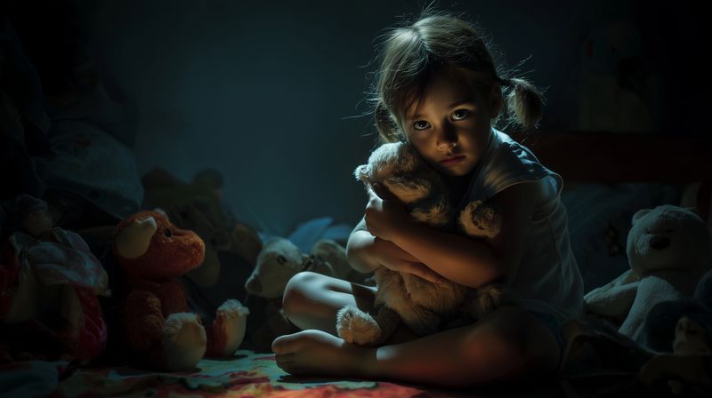 A small child sits alone on a bed in soft dim light, clutching a worn stuffed toy while surrounded by plush animals, evoking loneliness, vulnerability and a quiet nocturnal mood.