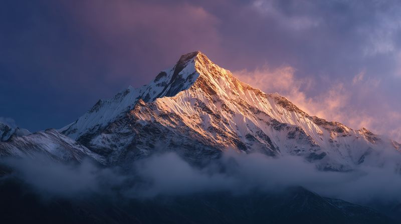 Dramatic mountain peak bathed in warm golden light at sunrise, snow covered slopes and ridges contrasted with deep shadows and low clouds creating a moody alpine landscape.