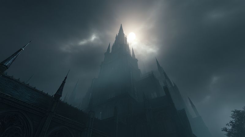 Dramatic gothic cathedral tower piercing a stormy sky, shrouded in mist and backlit by pale moonlight, an atmospheric scene evoking mystery and looming grandeur.