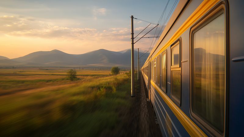 Passenger train traveling through rural landscape at sunset, motion blur conveying speed and movement, golden light reflecting on carriages and windows during scenic journey.
