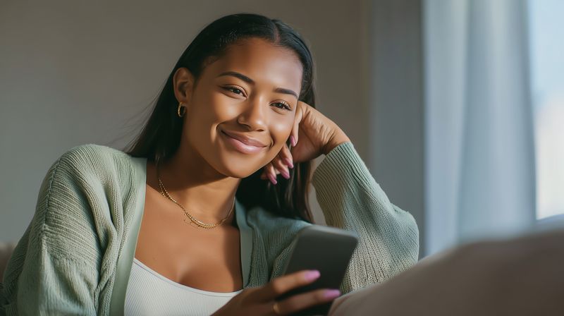 Young woman relaxing on a couch at home, smiling as she looks at a smartphone screen in warm natural light, wearing a casual cardigan and simple jewelry during a quiet moment.