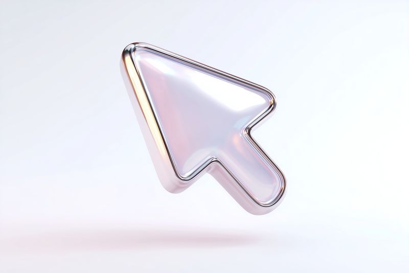 Shiny metallic cursor arrow in three dimensional style floating against a soft pastel background, glossy reflective surface with subtle highlights and shadows, modern digital interface concept.