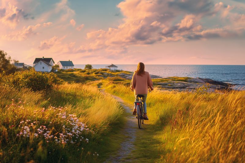 Woman cycling along a coastal path at golden hour, surrounded by tall grasses, wildflowers and seaside cottages under a dramatic sunset sky, peaceful outdoor scene.