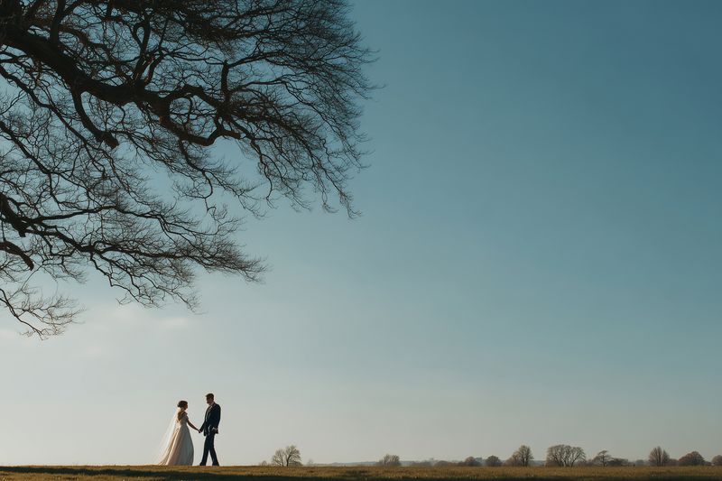 A bride and groom hold hands beneath a large bare tree on a windswept field, silhouetted against a vast clear sky for a romantic minimalist outdoor wedding scene.