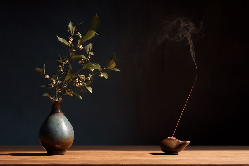 Minimal still life composition with a textured ceramic vase holding a leafy branch beside a gently burning incense stick in a rustic holder, soft smoke rising into warm light against a dark moody