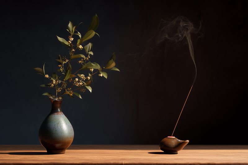 Minimalist still life of a ceramic vase with leafy branch and a lit incense holder on a wooden table, soft dramatic lighting creating calm, meditative atmosphere and smoke.