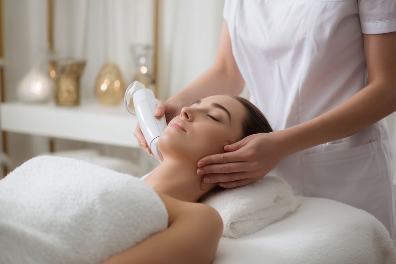 Young woman relaxed during a professional facial treatment using a handheld skincare device in a tranquil spa environment, esthetician delivering precise noninvasive skin therapy.