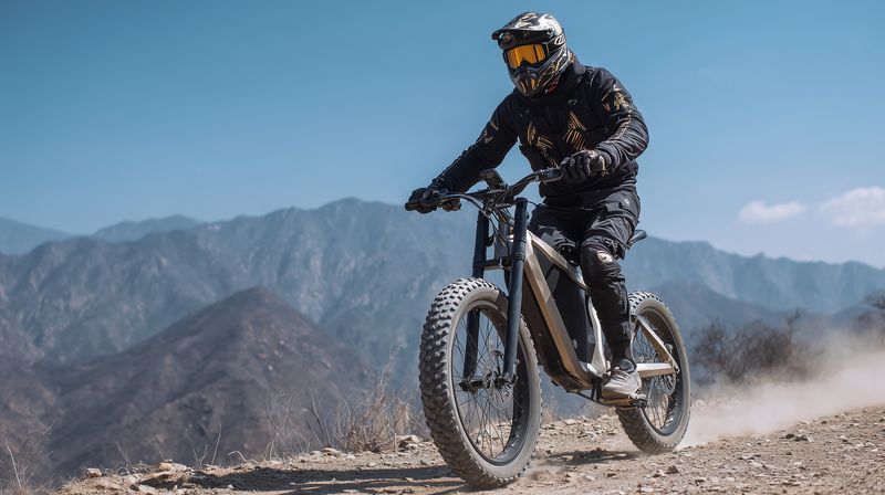 A mountain e-bike rider wearing full protective gear and goggles speeds along a dusty off-road trail, kicking up dust against a dramatic rugged mountain landscape.