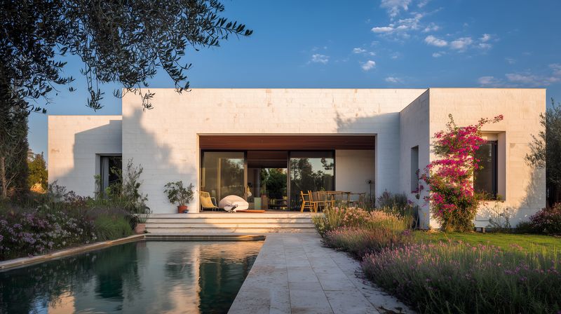Contemporary single-story villa with a minimalist white facade reflected in a serene pool, surrounded by landscaped garden, flowering shrubs and olive trees at golden hour.