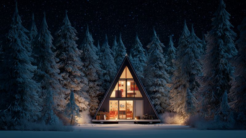 Cozy A-frame cabin illuminated at night nestled in a snowy pine forest, warm interior light contrasting cold blue surroundings, peaceful winter retreat atmosphere.
