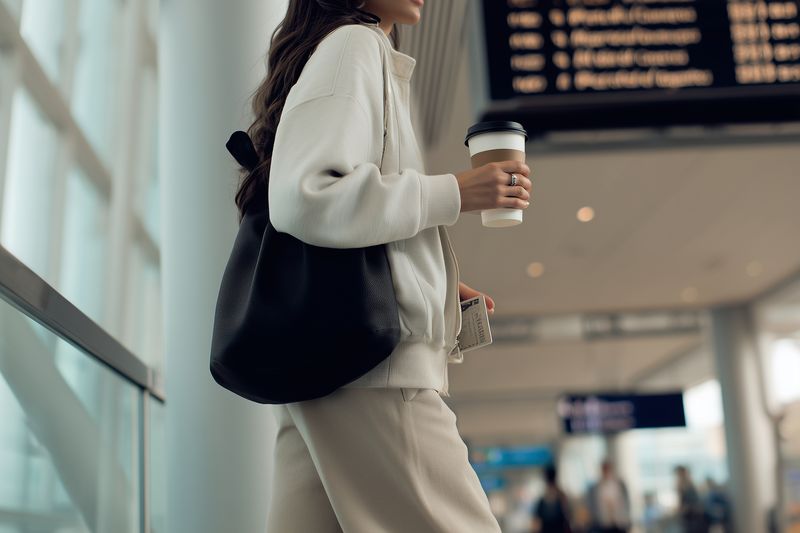 Young woman in a casual outfit walking through a modern airport terminal holding a coffee cup and shoulder bag, with a blurred departure board and travelers in the background.