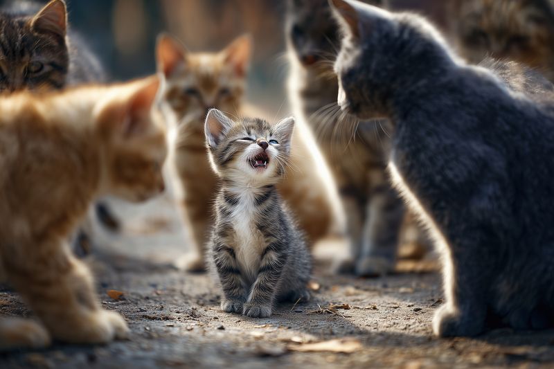 A tiny tabby kitten mews loudly while surrounded by a curious litter of playful kittens outdoors, soft sunlight illuminating fur and creating a warm, tender scene of feline interaction.