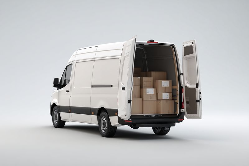 White cargo van with open rear doors showing stacked cardboard boxes inside, isolated on a plain studio background, illustrating delivery, logistics, transportation and parcel services.