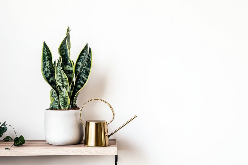 Minimal indoor still life of a potted houseplant with tall variegated leaves in a ceramic planter beside a brass watering can on a simple wooden shelf and white wall.