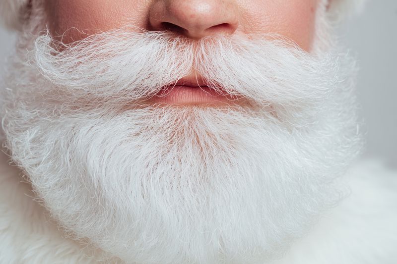 Close-up portrait of a white beard and mustache framing the lips, showing fine hair texture and grooming details in soft studio light with visible skin texture and muted background tones.