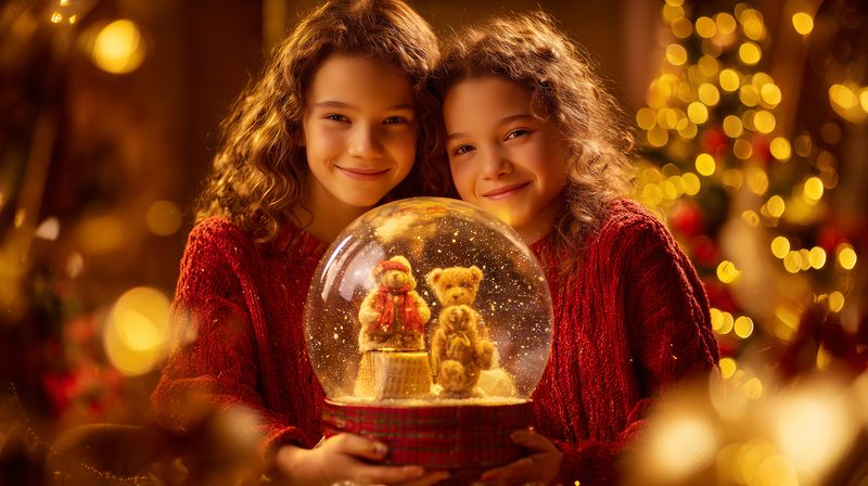 Two smiling young girls in red knit sweaters hold a glowing snow globe with teddy bears, surrounded by warm festive bokeh lights and soft golden tones for a cozy holiday scene.