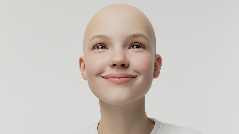 Close-up portrait of a smiling bald child in a minimalist studio setting, soft lighting highlighting smooth skin and bright eyes, conveying joy and innocence and calm optimism.