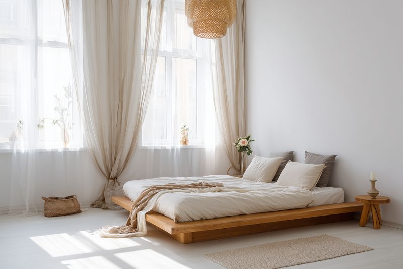 Sunlit minimalist bedroom with low wooden platform bed, soft linen bedding, neutral curtains and woven accents, creating an airy, calm interior ideal for relaxing mornings and restful sleep.