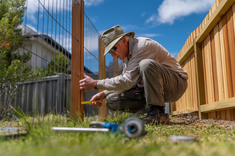 Elderly man in sun hat kneeling on grass while installing a wooden fence post in a backyard, using hand tools and measuring, focused on construction and home improvement.