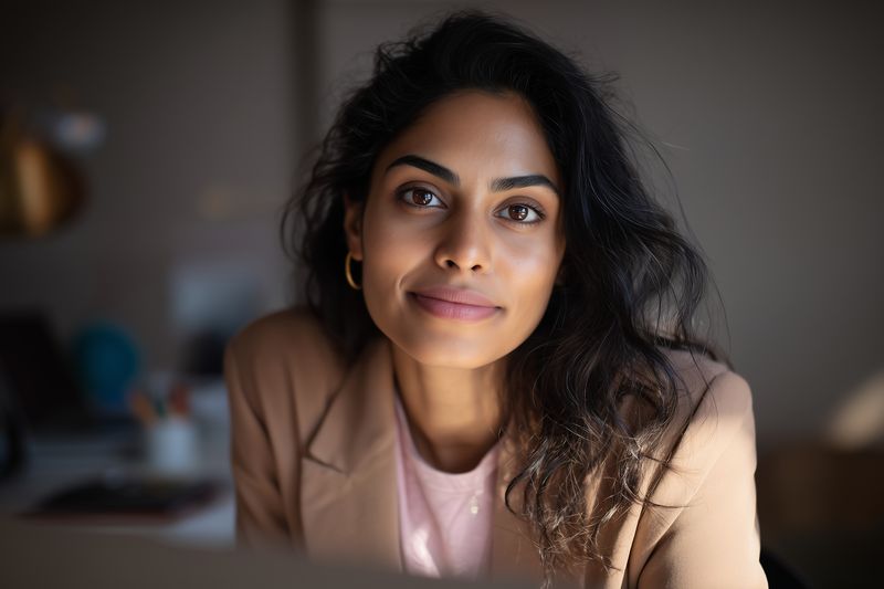 Close-up portrait of a woman with a gentle smile and expressive eyes, bathed in soft natural light indoors, conveying warmth, confidence and relaxed demeanor in a professional setting.
