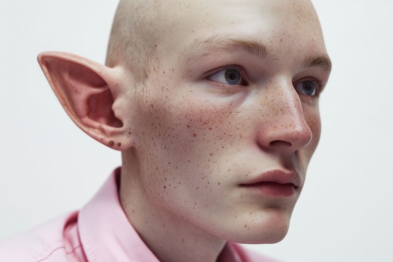 Close-up portrait of an androgynous model with pointed elf ears, pale freckled skin and shaved head wearing a pink shirt, shot in soft studio light for fashion and editorial use.