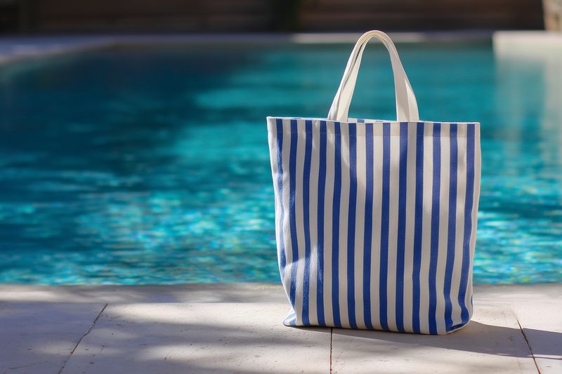 Blue and white striped beach tote bag standing on poolside tiles in bright sunlight, evoking summer relaxation, seaside style and casual vacation vibes by clear turquoise water.
