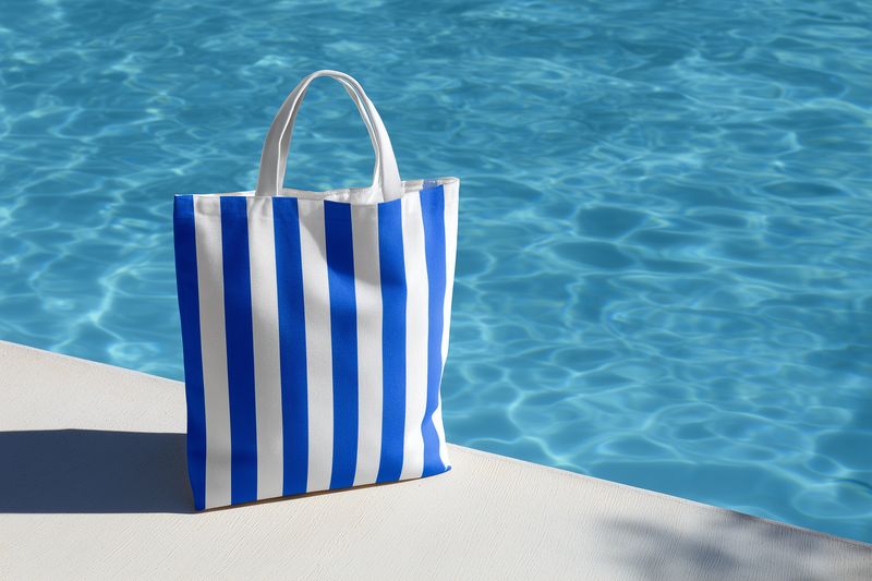 Striped blue and white beach tote bag standing on poolside ledge casting a long shadow against sparkling turquoise water, summer accessory with nautical style and textured fabric.