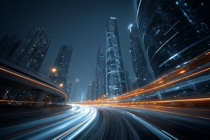 Long exposure night cityscape with dynamic light trails and modern skyscrapers, conveying speed and futuristic urban motion in cool blue tones and warm street highlights and energy.