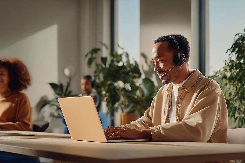 Smiling man wearing a headset works on a laptop in a bright modern office, providing remote customer support and collaborating with colleagues in a relaxed coworking environment.