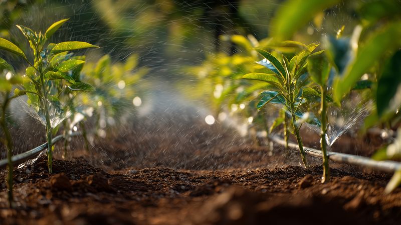 Close-up of young seedlings receiving gentle irrigation, water droplets spraying over rich soil and tender leaves while warm sunlight creates sparkling highlights and encourages healthy growth.