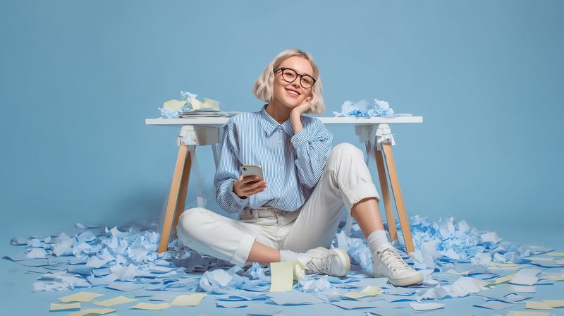 Young woman sitting on the floor among scattered papers and notes, smiling and holding a smartphone in a pastel studio scene conveying relaxed creativity and productive leisure.