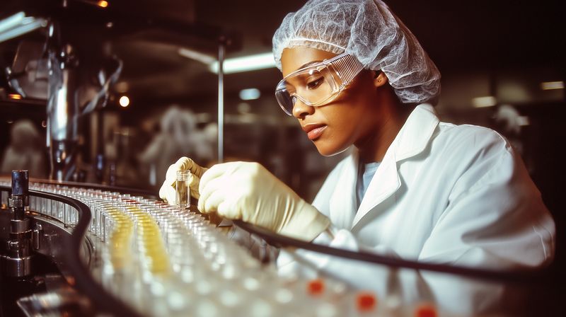 Laboratory technician in protective clothing inspects glass vials on a sterile production line, performing meticulous quality control and sampling during pharmaceutical manufacturing operations.