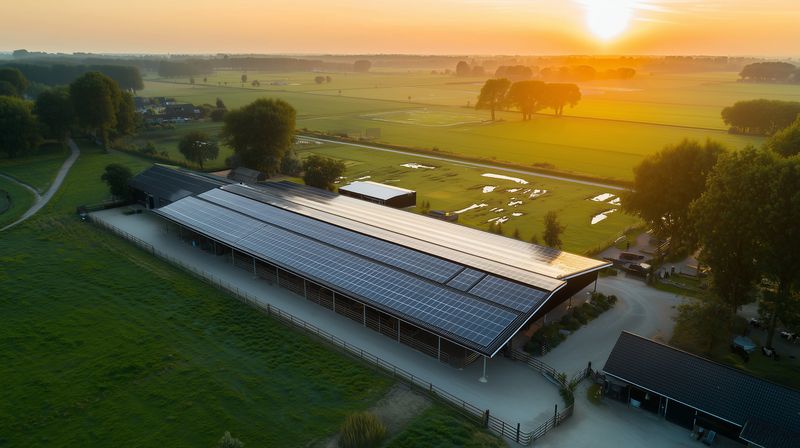 Aerial view of a long rural building covered with solar panels standing in green agricultural fields at sunset, renewable energy farm bathed in warm golden light.