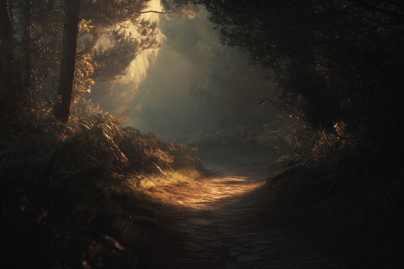 A misty forest trail bathed in warm golden sunlight filtering through dense trees, creating dramatic light rays and soft shadows over a mossy, winding path surrounded by ferns.