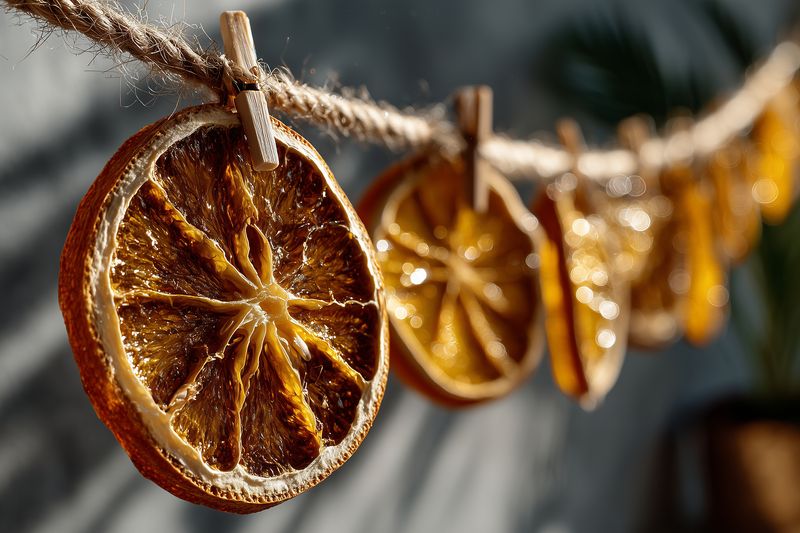 Dried orange slices clipped to a twine garland with wooden clothespins, sunlit and textured, creating a rustic decorative display perfect for seasonal holiday decor and cozy home.