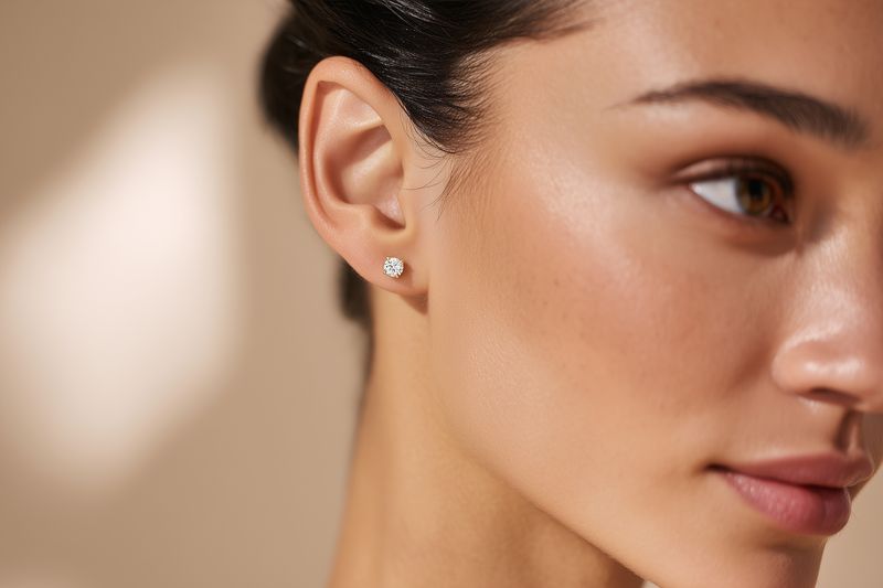 Close-up portrait of a young woman showcasing a sparkling stud earring on smooth skin, soft lighting highlights facial features and minimalist jewelry style, elegant beauty.