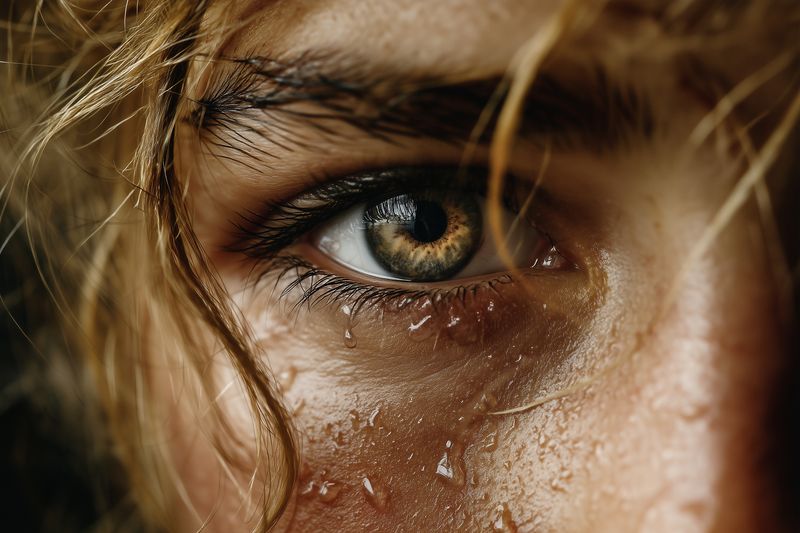 Close-up portrait of a wet eye with tear tracks and visible freckles, detailed macro texture of eyelashes and skin, moody dramatic lighting capturing raw intimate emotion.