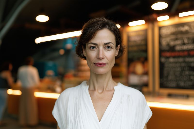 Portrait of a confident mature woman standing in a softly lit cafe, looking directly at the camera with a calm expression, warm bokeh lights and menu board blurred in background.