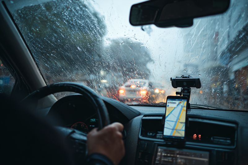 Interior view from a car in heavy rain, hands on the steering wheel and a smartphone with navigation mounted on the dashboard, blurred traffic lights through wet windshield.