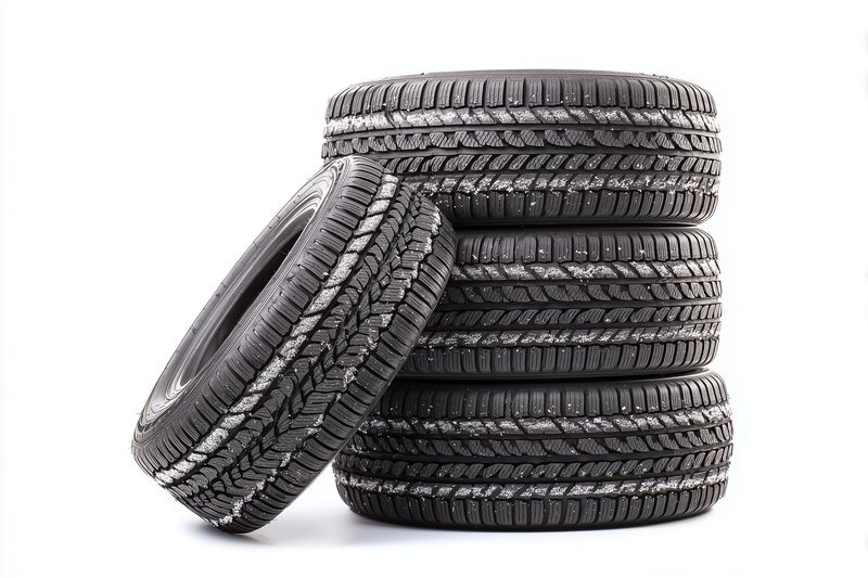 Stack of four black car tires with detailed tread pattern on white background, clean studio lighting highlighting texture and rubber surface suitable for automotive and repair themes.