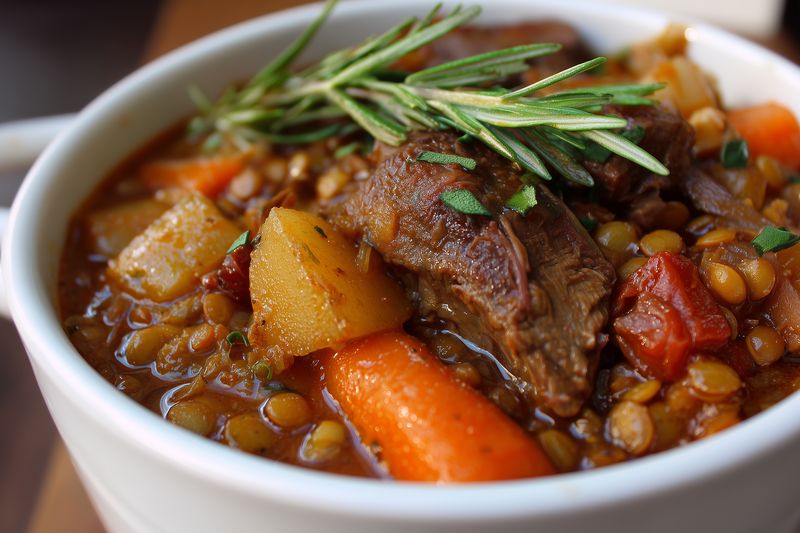 Hearty beef and lentil stew served in a white bowl, featuring tender meat, carrots, potatoes and tomatoes in a rich savory broth, garnished with fresh rosemary sprig.