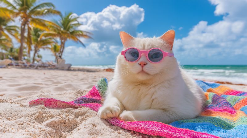 White cat wearing pink sunglasses lounges on a colorful beach towel on a sunny tropical sand beach with palm trees and blue ocean in the background, evoking relaxed summer vacation vibes.