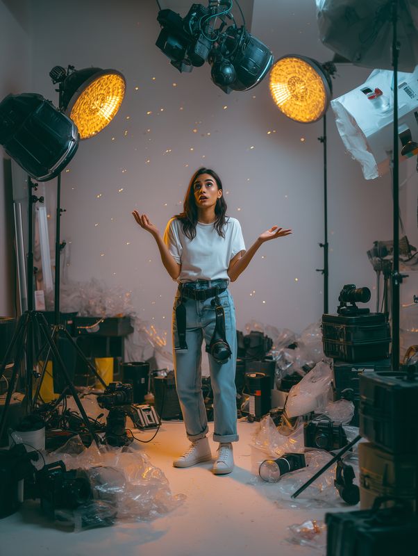 Young woman stands in a cluttered photography studio surrounded by lights, camera gear and scattered props while sparks fall, creating a dramatic, cinematic atmospheric portrait.
