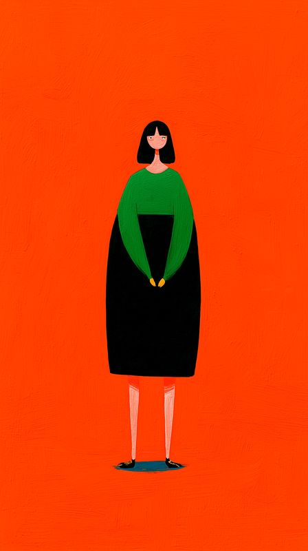 Minimalist illustration of a standing woman in a green top and black dress against a vivid orange background. Stylized flat portrait with long legs, simple shapes and bold color contrast.