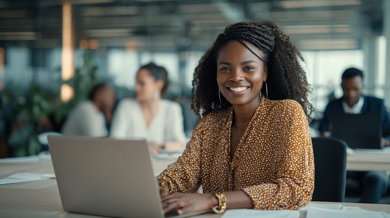 Smiling professional woman working on a laptop in a modern open office, surrounded by colleagues, conveying confidence, collaboration, productivity and a modern workplace.