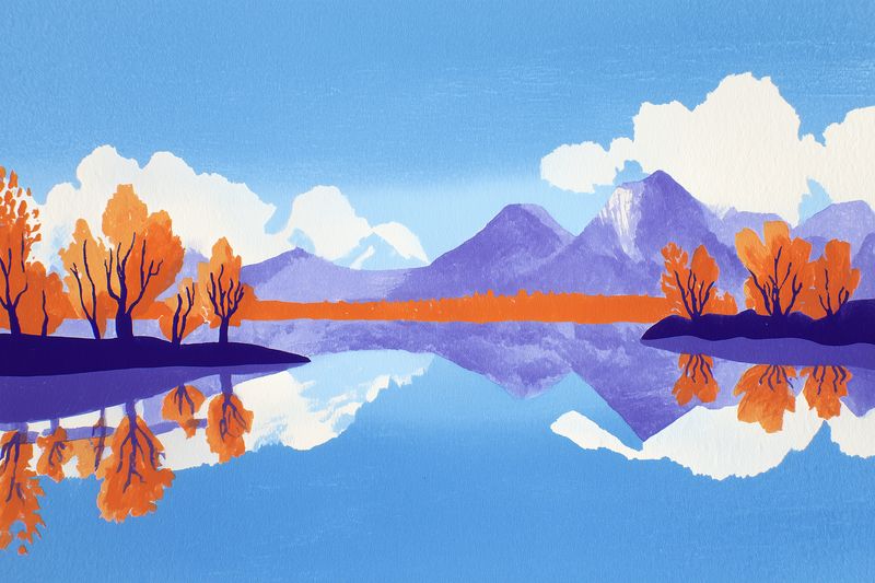 Watercolor landscape illustration of a tranquil autumn lake with mirrored reflections of orange trees and distant purple mountains beneath a bright blue sky with soft clouds.