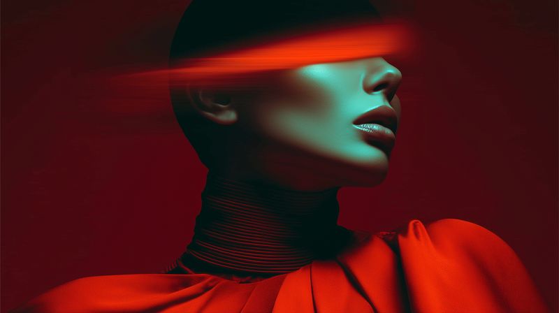Stylized fashion portrait of a woman bathed in red light with a horizontal band obscuring the eyes, dramatic shadows and cinematic glow accentuating lips, skin and textured fabric.