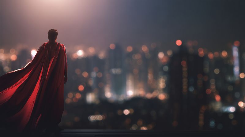 Silhouetted figure in a flowing red cape stands on an urban rooftop at night, overlooking blurred city lights, conveying mystery, power, solitude and quiet determination in a cinematic atmosphere.