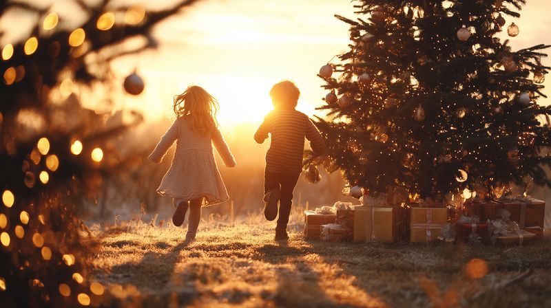 Two children run joyfully through a frosty field at golden sunset near decorated Christmas trees and wrapped gifts, capturing festive warmth, motion, and playful seasonal magic.