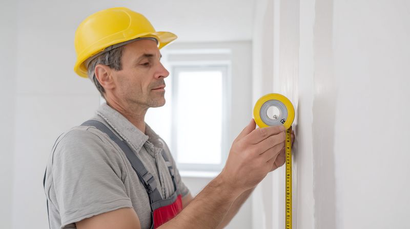 Construction worker wearing a yellow hard hat and gray overalls uses a tape measure to check wall alignment and dimensions inside a bright room during interior renovation, focused and precise.